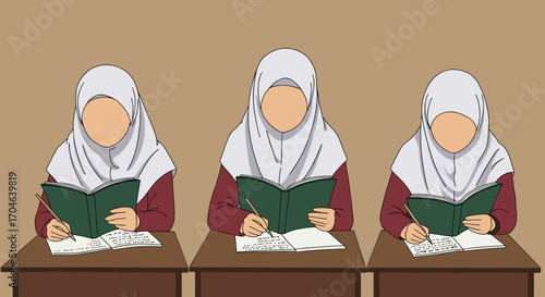 Three Muslim Students Reading Books At Desks In A Classroom Flat Illustration With Brown Background