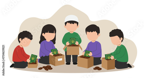 Group Of Children Packing Donation Boxes In Flat Illustration Style With Brown Green And Purple Clothing On Beige Background