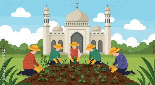 Farmers Planting Crops in Garden in Front of Taj Mahal Illustration