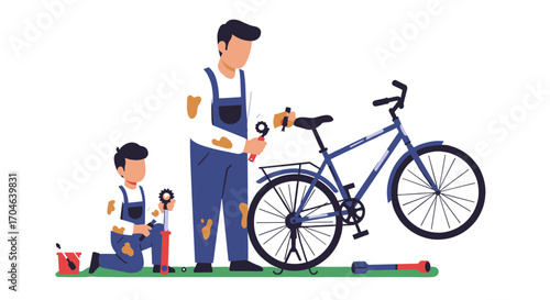 Father And Son Repairing A Bicycle Together In A Flat Illustration Style With Green Background And Pixelated Art