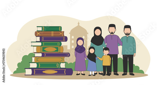 Family Group Standing Near Stack Of Books In Front Of Building In Flat Illustration Style