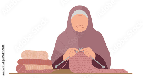 Elderly Woman in Headscarf Knitting Pink Yarn at Table with Stacked Yarn and Beige Background