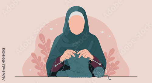 Pixelated Illustration Of Elderly Woman Knitting with Green Yarn on Pink Background