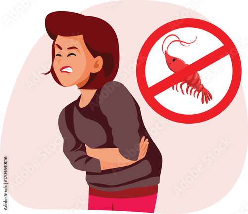 Lady Suffers a Stomach Ache from Shellfish Allergy Vector. Woman hurting from shrimp allergic reaction hurting after eating 
