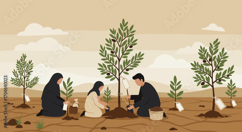 Group Of People Planting Trees In Field Pixel Art Flat Illustration Brown Soil Green Trees