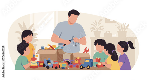 Family Gathering Around Table Examining Toy Tools in Flat Illustration Style with Diverse Children and Man