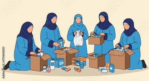 Group Of Women Sorting Supplies In Boxes In Flat Illustration Style