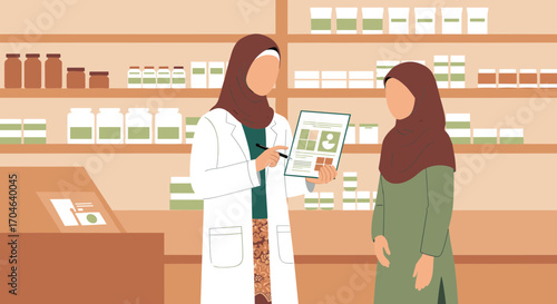 Pharmacist Explaining Prescription To Patient In A Pharmacy Flat Illustration With Brown Interior And Green Medicine Bottles
