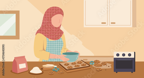 Woman Baking Cookies In Kitchen Interior Flat Illustration Pixel Art Style
