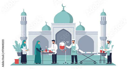 Flat Illustration Of A Mosque Exterior And Medical Staff Performing Treatment On Patients With Blue And Green Accents And White Background