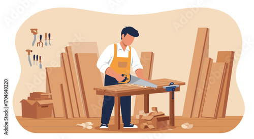 Craftsman sawing wood on table in workshop flat illustration with brown background