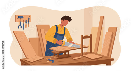 Carpenter Cutting Wood With Saw In Workshop With Brown Furniture Tools And Equipment