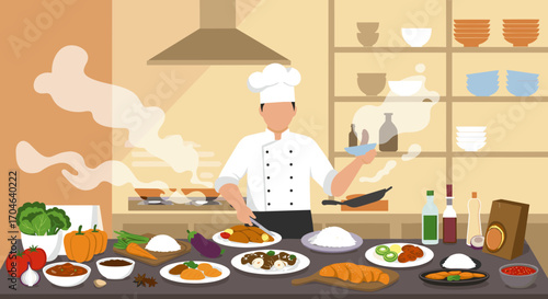 Chef presenting prepared meals in pixelated kitchen with variety of foods vegetables and steam in brown interior