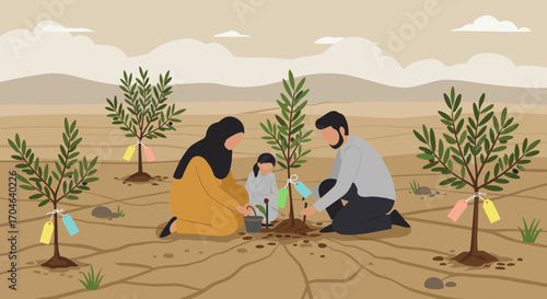 Family Planting Saplings Together In Dry Field Pixelated Illustration