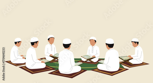Group Of Muslim Men Studying Koran Sitting On Mats In A Religious Education Class Illustration