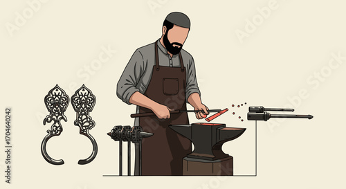 Blacksmith Working At Forge With Anvil Hammer Sparks And Heat Wearing Brown Apron And Gray Shirt Flat Illustration