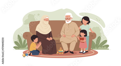 Family Portrait Illustration Showing Grandparents And Children Sitting Together On A Brown Couch In A Cozy Home Setting