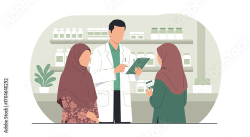 Pharmacist Discussing Medication With Two Women In Hijabs At A Pharmacy With White Shelves And Medicine In A Flat Style