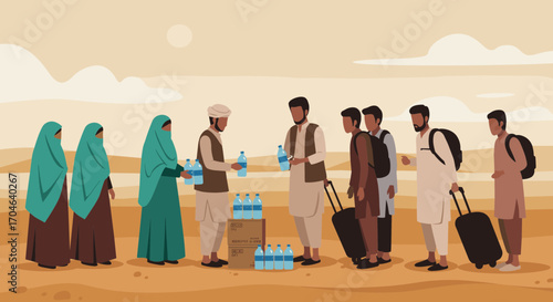 Group Of People Receiving Water In A Desert Landscape In Flat Illustration Style