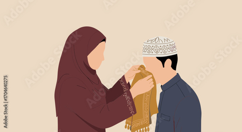 Muslim Woman Presenting Traditional Gift To A Man Flat Illustration In Beige Background