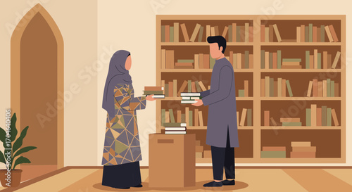 Man and Woman Sharing Books in a Library Interior Flat Illustration with Wooden Shelves and Pixelated Style