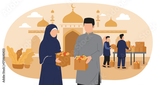 Flat Illustration of Donation Scene with People Carrying Boxes in Front of Mosque in Orange and Brown Colors