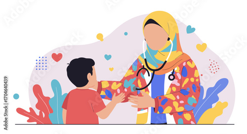 Female Doctor with Stethoscope Comforting Young Boy in Colorful Flat Illustration