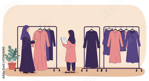 Two Women In Hijabs Shopping For Clothes At Clothing Store Flat Illustration