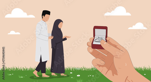 Flat Pixelated Illustration Depicting an Engagement Proposal Man Offering Ring To Woman On Green Field Under Cloudy Sky