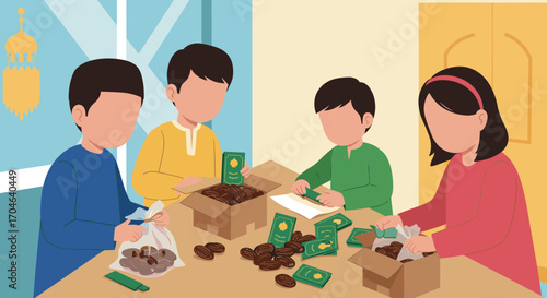 Flat Illustration Of Four Children Packing Gifts At A Wooden Table With Boxes And Colorful Outfits Inside A Room