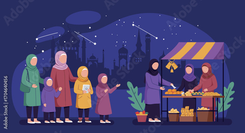 Flat Pixelated Illustration Of People Shopping At Night Market With Food Stalls And City Skyline Background