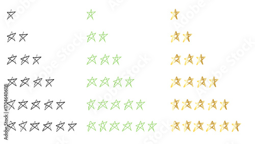 hand drawn star ratings from one to seven in black green and golden colors, vector illustration 