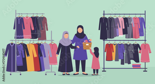 Pixelated illustration of a mother and daughter shopping for colorful clothes on a rack inside a clothing store with mint green background