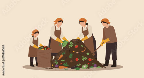 Four People Composting Food Waste in Brown Aprons with Yellow Gloves and Hats with Bag of Vegetables