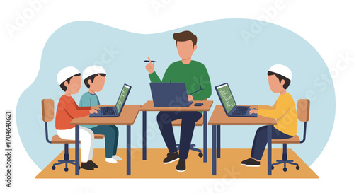 Flat Illustration Of Teacher And Children Using Laptops In Classroom During Lesson