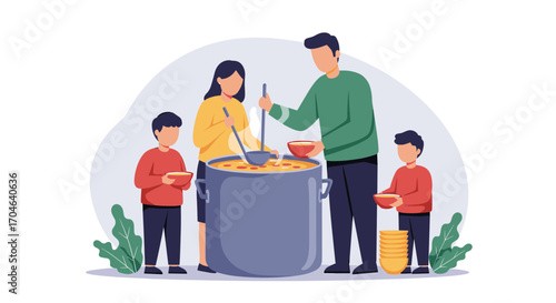 Family Preparing And Serving Soup From Large Pot With Children At Home Flat Illustration