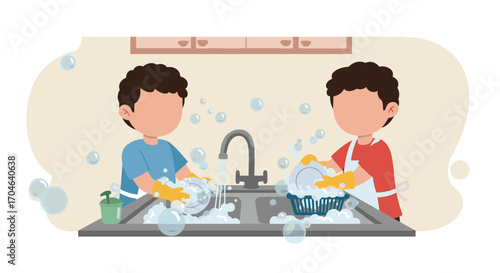 Two Young Boys Washing Dishes Together in Kitchen Sink with Soap Bubbles in Flat Illustration Style