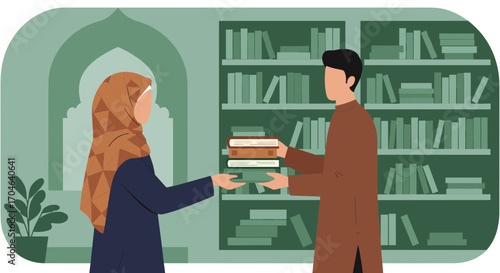Illustration of Man Giving Books To Woman in Hijab Near Library Shelf with Green and Brown Colors