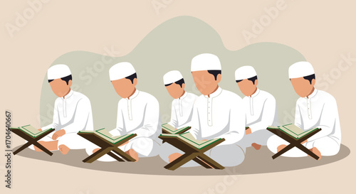 Group Of Muslim Men In White Attire Reading Quran Books In Flat Illustration Style