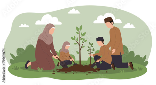 Family Planting Tree Together In Green Garden Under Cloudy Sky Flat Illustration