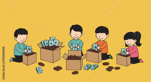 Children Sorting Cash Into Cardboard Boxes Flat Pixel Art Illustration Yellow Background