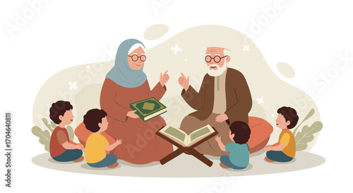 Flat Illustration Of Muslim Family Teaching Children Reading Quran Book In Pixel Art Style