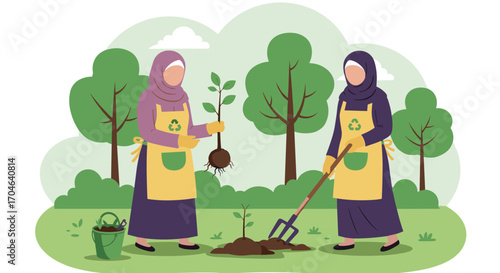 Two Women Planting Trees Outdoors In Flat Illustration With Green Aprons Purple Dresses And Forest Background