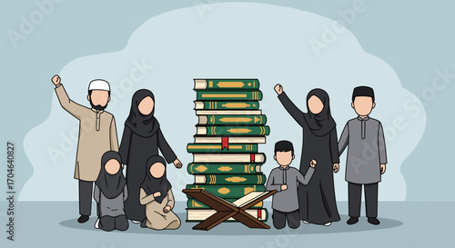 Pixelated Family Group Standing Beside Stacked Books With Quran Flat Illustration