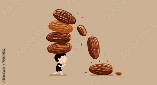 Pixelated Illustration of a Child Balancing a Stack of Dates on their Head with Falling Dates on Beige Background