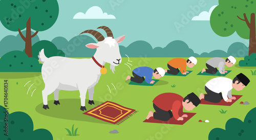 White Goat Watching Group Of People Praying On Their Knees In A Green Field Under Trees Flat Illustration