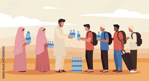 People Receiving Water Bottles In Arid Desert Landscape With Flat Illustration Style And Orange Sky