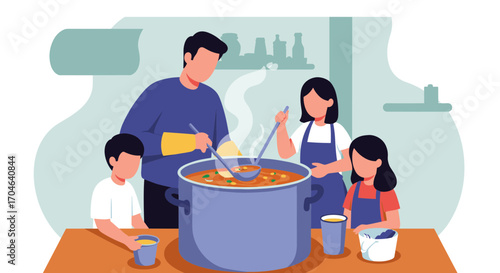 Family Cooking Together at Home with Large Pot of Food in a Kitchen Setting Flat Illustration Style