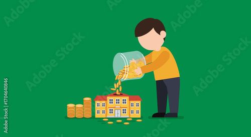 Young Person Pouring Coins Into School Building with Stacked Money on Green Background Flat Illustration