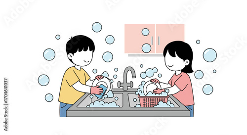 Two Children Washing Dishes Together At Kitchen Sink With Soap Bubbles Flat Illustration